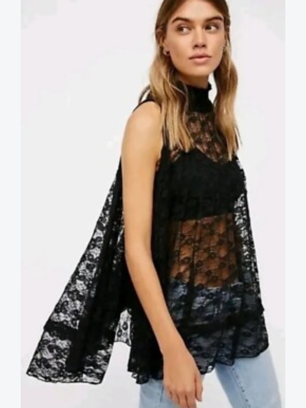 Free People Myrna Tank Black Sheer Lace Sleeveless Turtleneck Mock. Size S